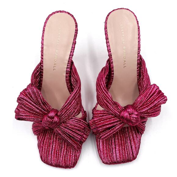 Loeffler Randall Claudia Mules Pleated Fuchsia Metallic Heels Bow Sandals Sz 7.5 - Picture 5 of 13